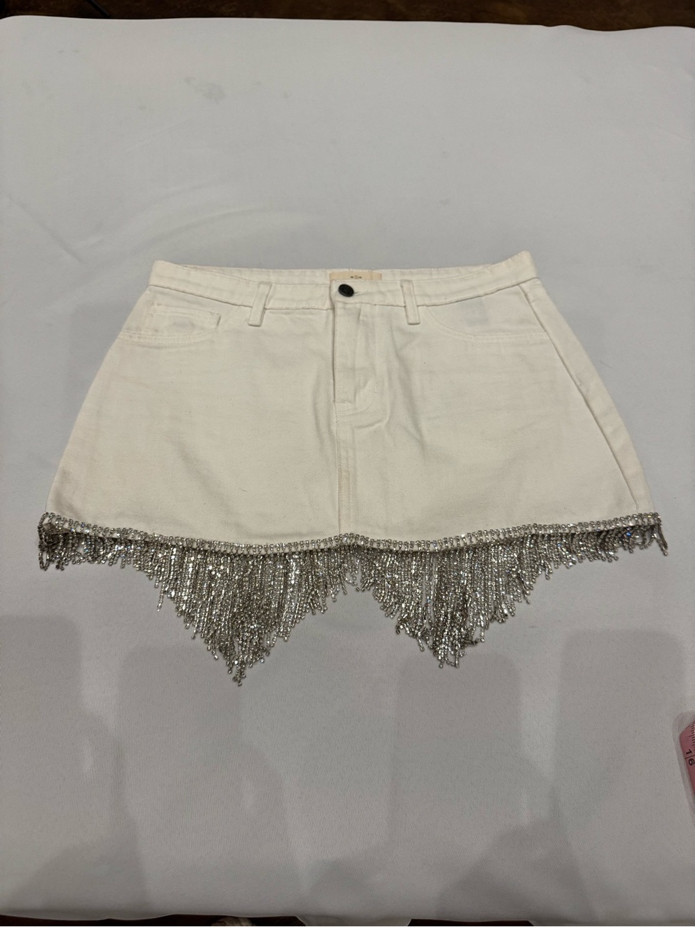 0006 - White Fringe Hem Mini Skirt with Silver Beaded Trim